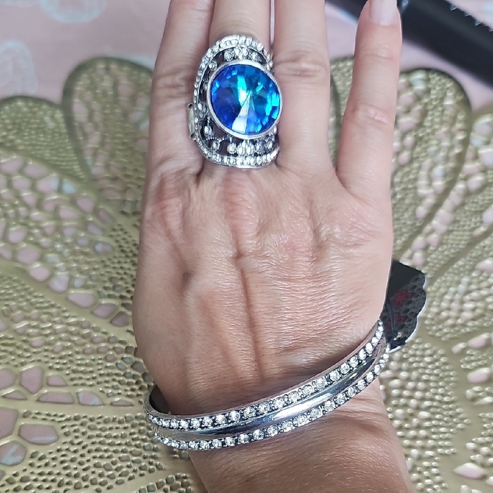 Paparazzi Silver and Blue Statement Ring with Ornate Detailing